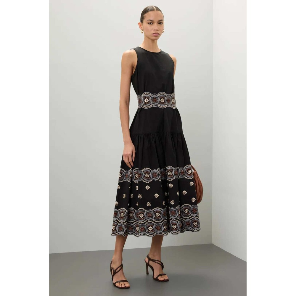 Vanessa Bruno Alais Dress Black Sleeveless Embroidered Tiered Midi Sz 34‎ / 0 US